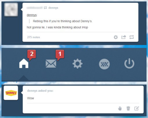 itsstuckyinmyhead:Why you should follow Denny’s on Tumblr