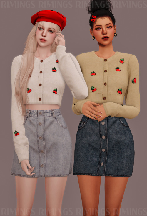 [RIMINGS] Cherry Patch Crop Cardigan &amp; High-waist mini Denim Skirt - TOP / BOTTOM- NEW MESH- ALL