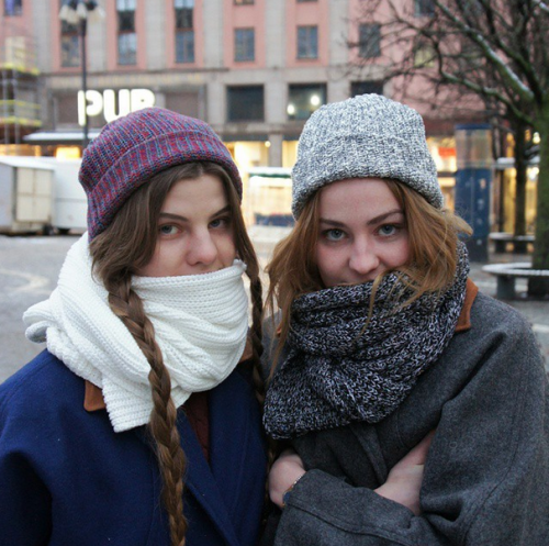 americanapparel:Ebba and Tilde are keeping cozy in Fisherman Beanies and Fisherman Scarves, perfect 