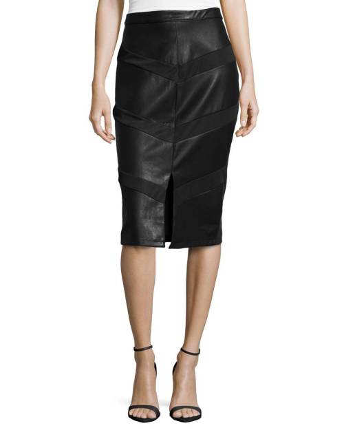 Paneled Faux-Leather Midi Pencil Skirt, Black