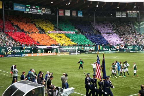 lgbtlaughs: shawnlevy: Pride not prejudice #rctid Portland Timber Soccer Fans Take Colorful Stand Ag