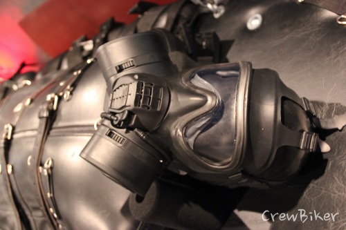 crewbiker:  Rubber covered subject secured in Mr. S Leather Sleepsack and GSR. 