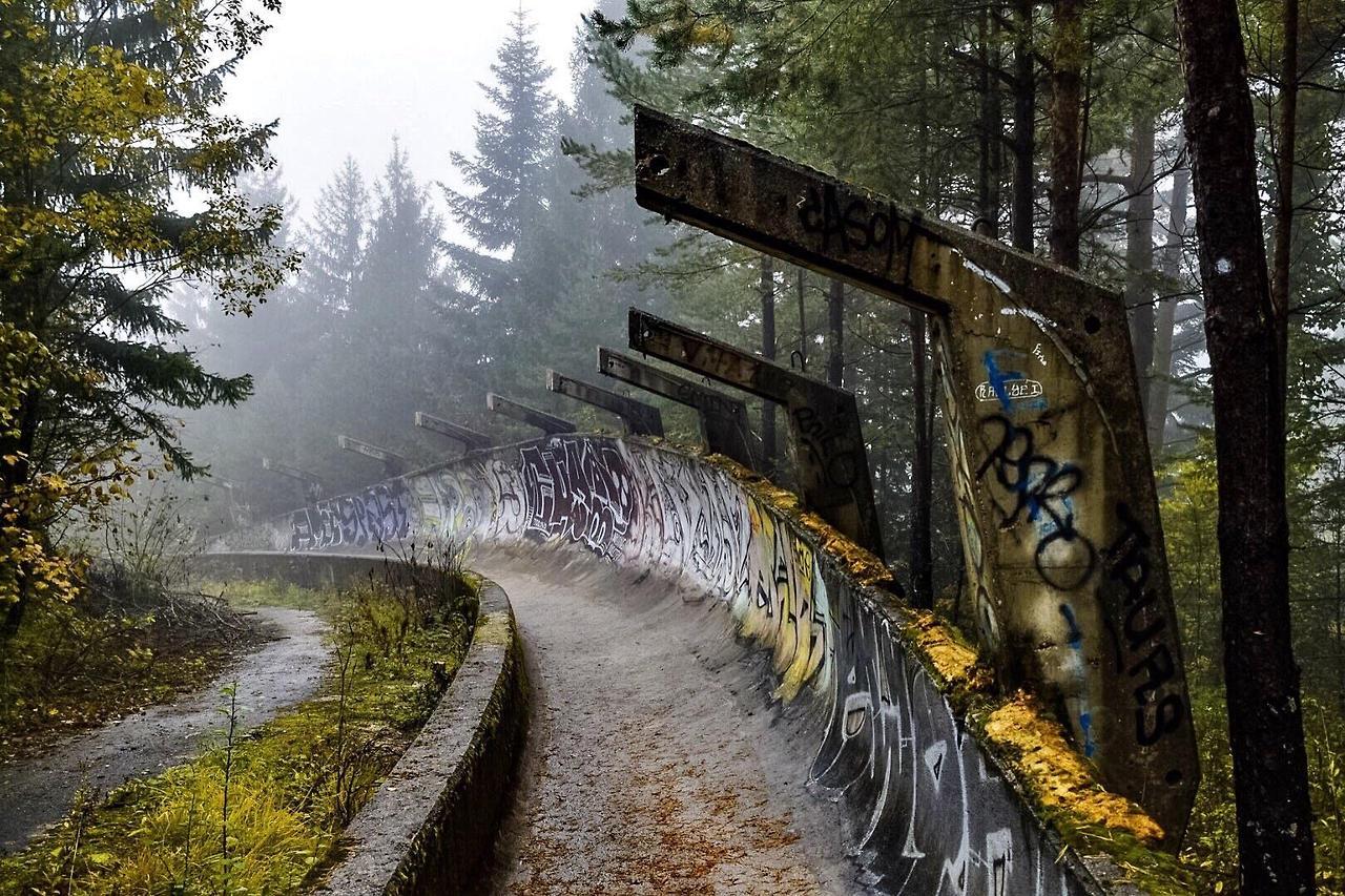 beautyofabandonedplaces:  The bobsled track from the 1984 Winter Olympics on a foggy