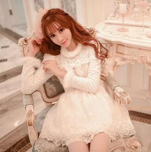 himifashion: 2016 Spring white fantasy fluffy collar hollow out bowknot lace long sleeves dress  (vi