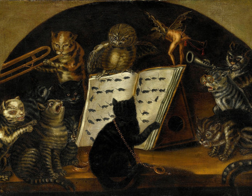 redlipstickresurrected:Cats being instructed in the Art of Mouse Catching by an Owl - Lombard School