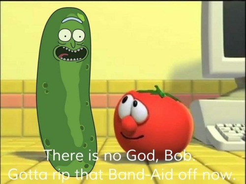 never thought i’d see a rickk &amp; morty / veggie tales crossover, but