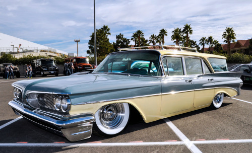 rollinmetalart:  ‘59 Pontiac wagons are near and dear to my wife’s heart, having ridden cross country in one more than once.  Of course her dad’s car didn’t quite have the attitude that this one does.  SEMA Show, Las Vegas, NV.