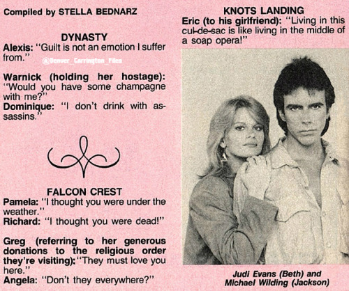 A compilation of classic lines from some of the prime time soaps in the March 11, 1986, issue of Soa