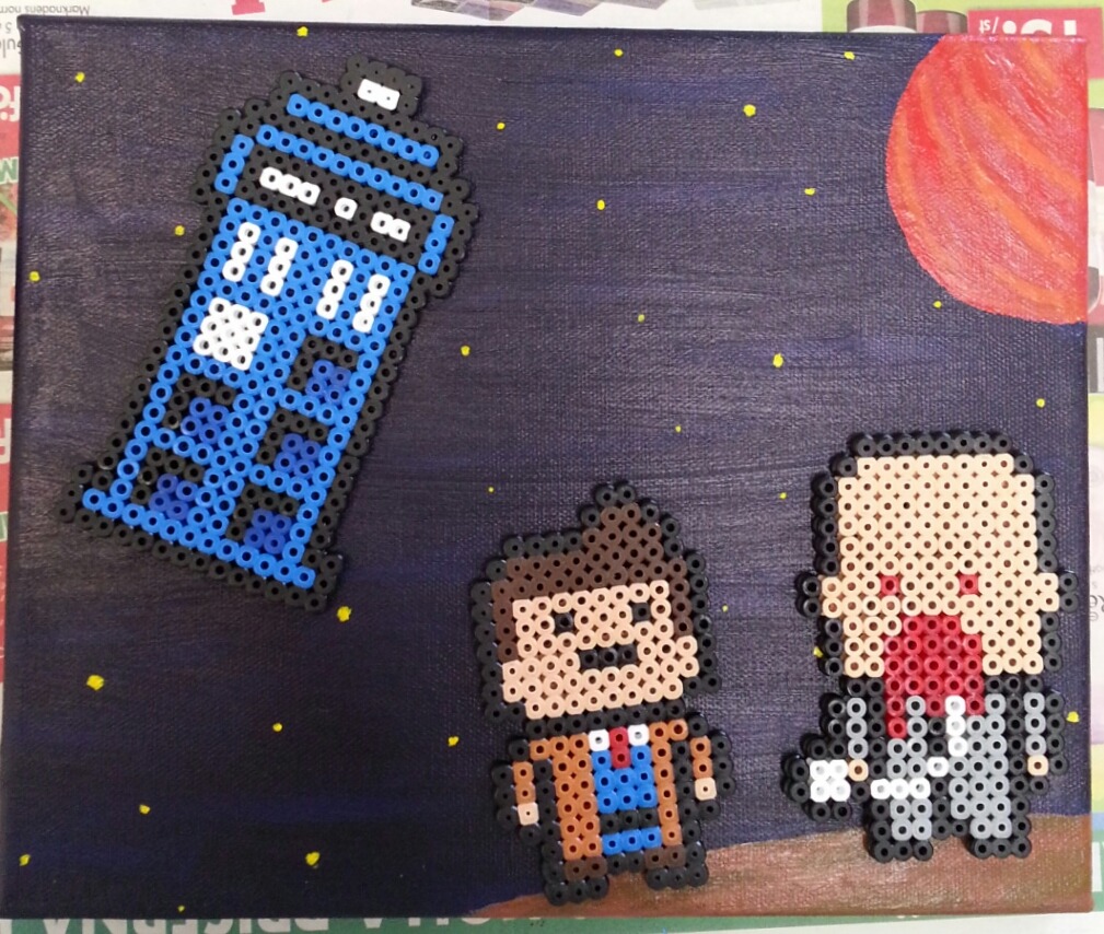 altheathegeekytroll:  Perler beaded Doctor Who characters on a painted canvas 
