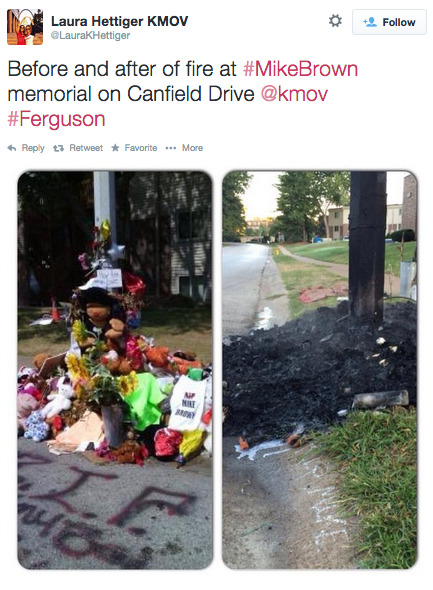 nowyoukno:  socialjusticekoolaid:  (9.23.14) — Another morning in Amerikkka. Somebody thought it would be fun to desecrate the Mike Brown Memorial early this morning. I… I really can’t even. #staywoke #farfromover   Here’s a picture of some cops