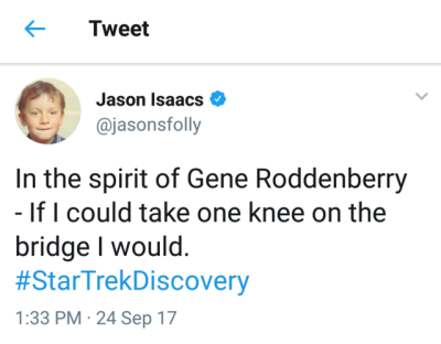 sour-blue-milk:Star trek Discovery Cast takes a knee after the show premiers. (x)Bless this cast.
