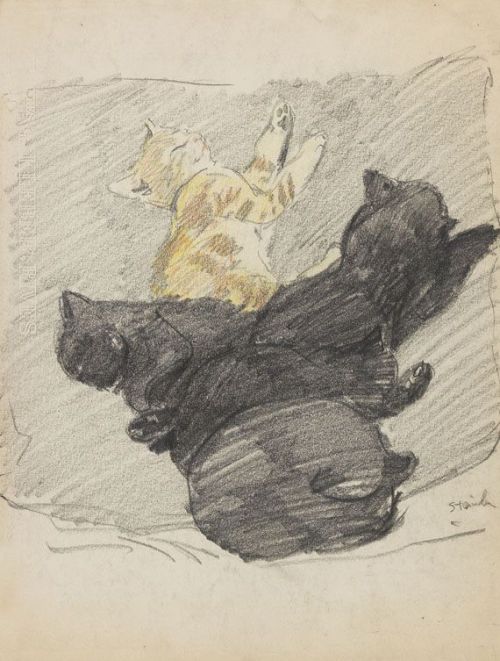 Théophile Alexandre Steinlen, Five Sleeping Cats - Cinq Chats endormis, 1915. Colored pencil drawing