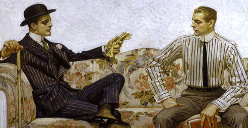 madamehardy:  cigartop:   “Lots of artists can fill their work with aching homosexual tension, but no one else can make the impending sodomy look quite as classy and exquisitely dressed as Leyendecker can.” - source  Before Rockwell, a Gay Artist