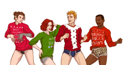 illustratedkate:  LOOK i technically have no excuse for this, but i’m still gonna blame christmas, beyonce and lusi. this happened cause i watched beyonce’s video for 7/11 and all of a sudden i wanted to draw my favourite nerds wearing terrible christmas