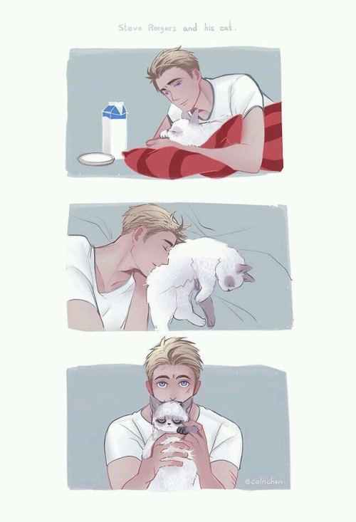 tiana-danced-with-bucky:  Steve and his cat and Bucky and his dog! Art belongs to colnchen 