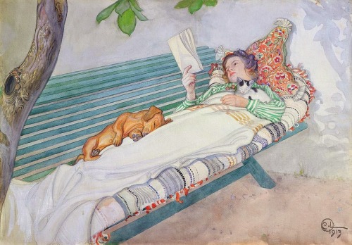 Woman Lying on a Bench (1913). Carl Larsson (Swedish, 1855-1919). Pencil and watercolour.After spend