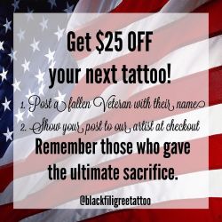 Remind people what the holiday is actually for and you get your discount ❤️ Discount available at our San Marcos and Fallbrook location. Valid 5/30 only. Instagram posts only. @blackfiligreetattoo by elleaudra