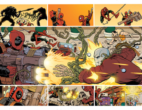 Double-page spreads from Spider-man/Deadpool #28, showing two different versions of the same fight. Colors by @chrisohalloranart