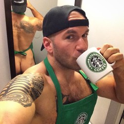 naked-exhibitionist:  thumper339:  HOT-assed, hairy hunk showin’ off while drinkin’ his coffee!  This could make me go to Starbucks….