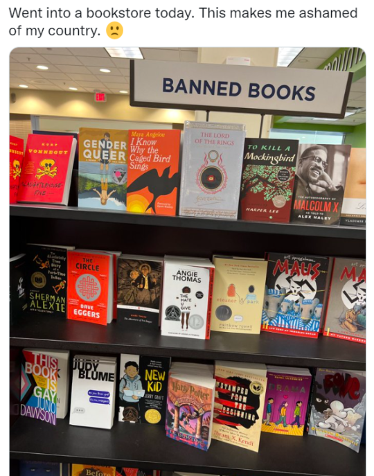 A bookstore shelf topped by the misinformation sign "Banned Books".