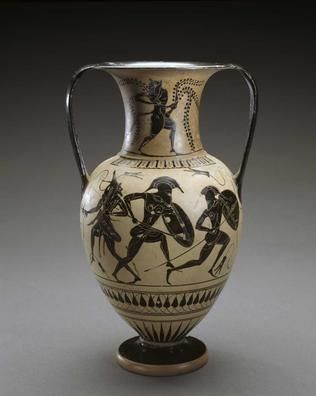 c. 520 BCE Greek Amphora attributed to the Hattatt painter with a scene from the Iliad; two hoplites