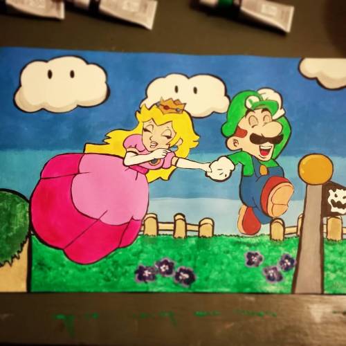 Peach and Luigi I finally finished for Sean💚💖… we always play those characters together, so… 😛 And yes, I had to look at a picture of them, I’m not that good. Lol #peachandluigi #peach #luigi #mario #videogames #nintendo #painting