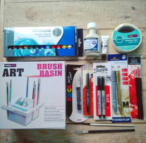 Hello new art supplies!  #artsupplies #art #paint #pens #fineliner #hobbycraft #palette #gouache #sharpies #paintmarker #maskingfluid