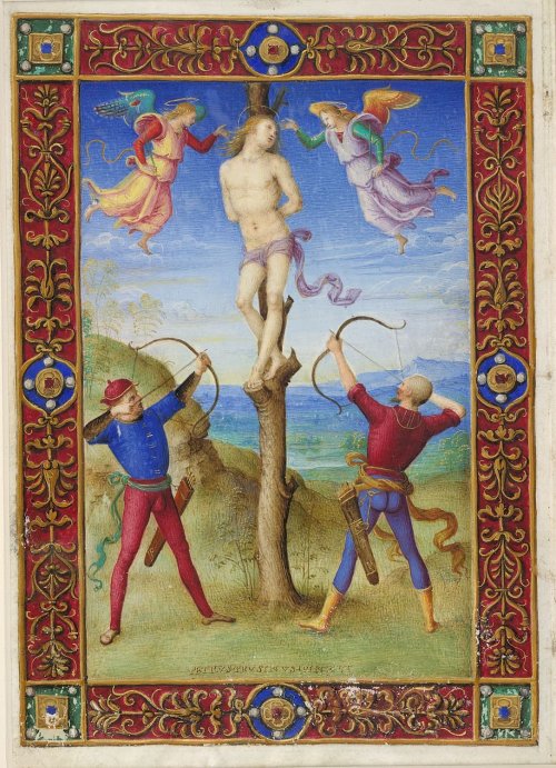 koredzas:Pietro Perugino - The Martyrdom of Saint Sebastian. 1500London, British Library, Yates Thom