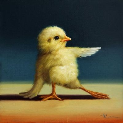 ousia-poetica:I have seen so many strange things that I am not surprised to see a baby chick doing physical and mental exercise. Art by Lucia Heffernan on Etsy.