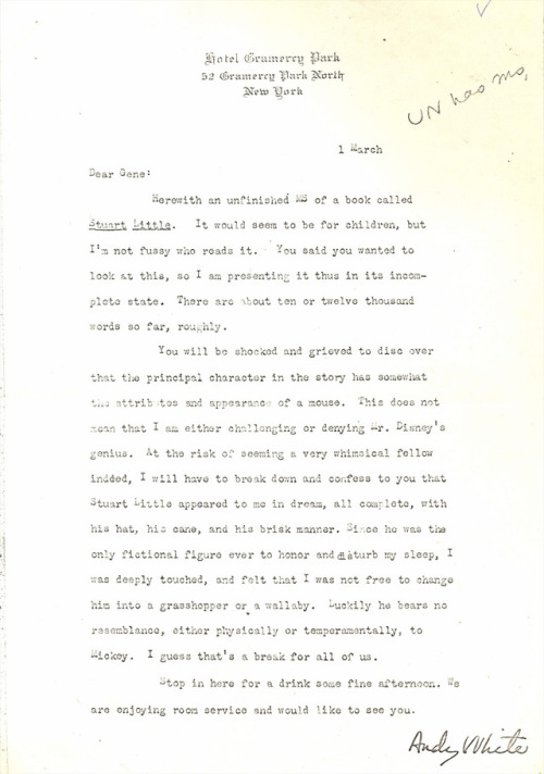 Throwback Thursday to this letter from E. B. White to his editor, presenting his manuscript for Stua
