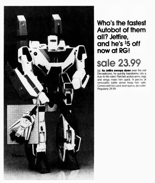 Vintage Transformers G1 Jetfire (1985) and Shockwave (1984) print ads.