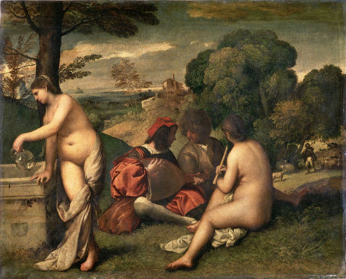 theartsyproject:Giorgione, Fête Champêtre (Pastoral Concert). c. 1510, oil on canvas, Louvre, Paris.