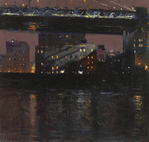 huariqueje: Manhattan Bridge from Brooklyn, Night   -    Andrew Gifford   British b.1970- Oil on panel , 13,25 x 14 in. , 33,66 x 35,56 cm. 