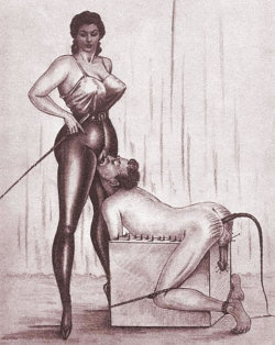 bootslavetoeleise:  By Montorgeuil. What makes this scene is the spiked seat and the penis bondage.    I like the whip handle shoved up his ass, and the Goddess that resembles Ava Gardner.