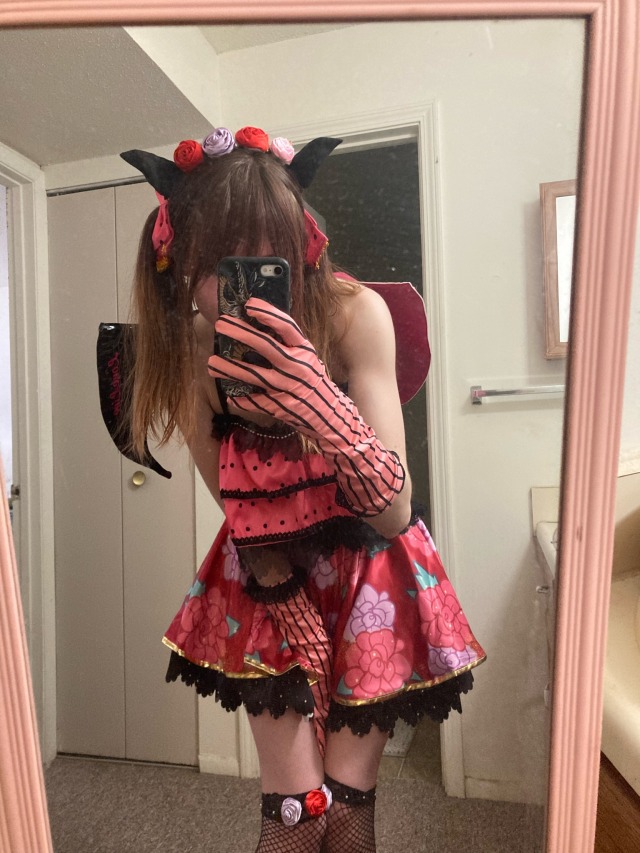 cosplay try-on of the nico little devil cosplay that came in today, I’ll need to glue on or secure the tiara somehow to 