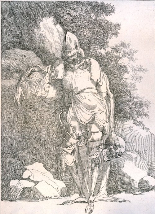 abystle:  Death in armor holding a skull, standing whole-length with arm resting on rocks at left, John Hamilton Mortimere, ca.1778.