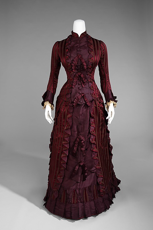 ravensquiffles:  Wine silk wedding dress with cuirass bodice c. 1878 Metropolitan