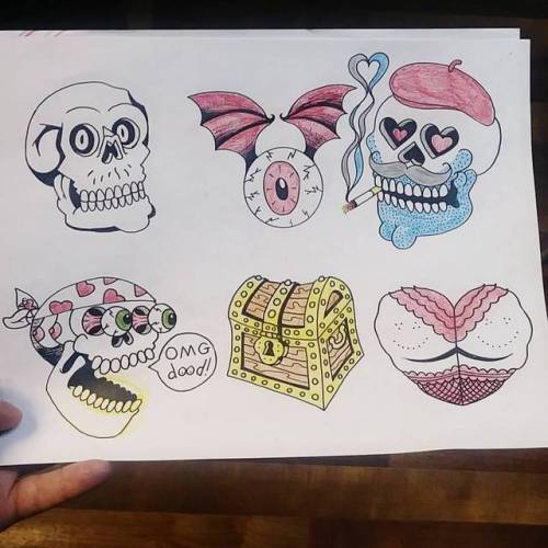 Working on a flash sheet for a shop special going through till the end of the year. 3"x3" tattoos for ไ. So lemme know if you want any of these and we can set something up.   #ink #tattoos #chelsea #boston  #ravenseyeink #tattoo #color #skulls