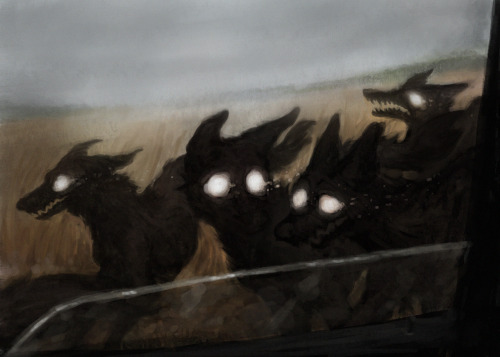 satanfemme:sjofisk:another one for akamzii on da [ID: a painting of four black dogs with large, roun