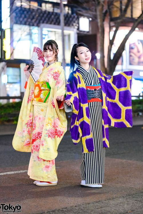 Maho and Tomomitsu - both traditional Japanese performance artists - on the street in Harajuku weari