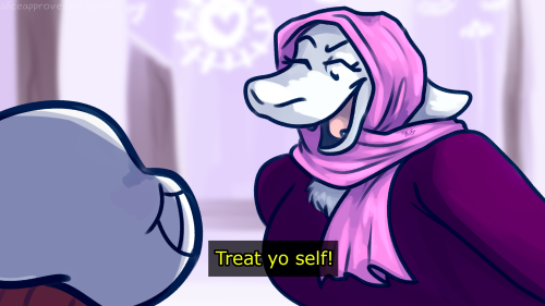 aliceapprovesart:  TREAT YO SELF to Undertale Even though Mettaton would more likely be Tom Haverford, Toriel and Sans hanging out makes me happy and I decided to TREAT. MYSELF. Dialogue and scenario from the Parks and Rec ep: “Pawnee Rangers” 