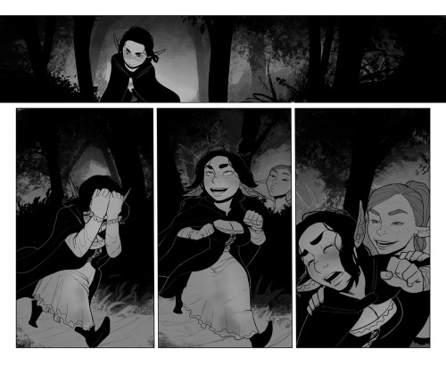 Last two pages of chapter 3! Very dark pages. Well it is a forest at night. If anything it should be darker.I tried mixing in more custom brushed and other fancy shit into this page. So far I tried to make the comic’s style as minimalistic as I