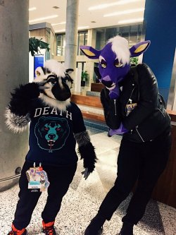 dovne: im the purple doe 💅my friend @artbyunagi on twitter is the badger ✌️️ my first suit! thanks to the maker, @bovineroyalty on twitter!! 