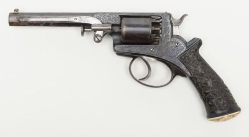 Exhibition quality engraved English Adams double action percussion revolver with carved ebony and iv