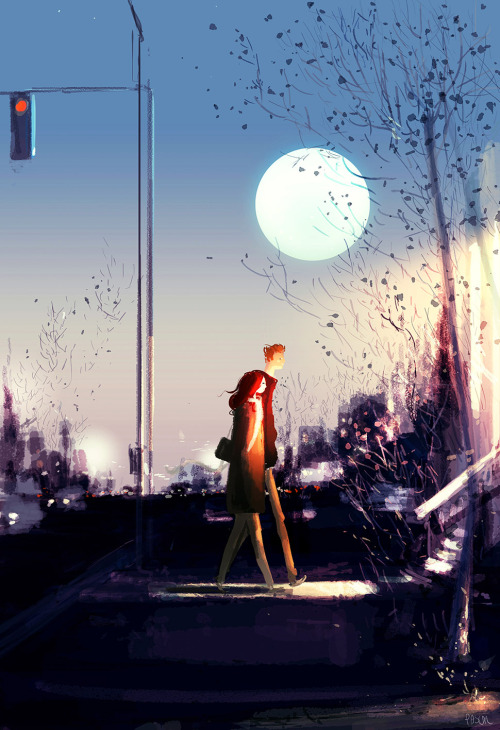 pascalcampion:  Early moon. #pascalcampionart. When I was younger, I always loved seeing the moon up in the sky before it was dark. It was like the moon was trying to say HI to the sun.I still love seeing that. 