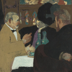 huariqueje:  The Fun  (At the Café)  -  Eduoard Vuillard 1898-99 French 1868-1940 Gouache and distemper on board ,29 by 30 ¼ in. 73.6 by 76.8 cm    