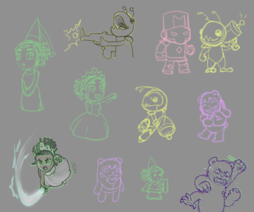 An image of various sketches of characters from games by The Behemoth, including Alien Hominid, Castle Crashers, and Pit People.