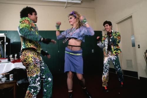  Madonna and her dancers backstage during the Virgin Tour at the USF Sun Dome in Tampa on May 9, 198