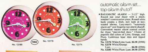 thegroovyarchives: 1973 Westclox Ballmatic Alarm Clocks(via: clockhistory)