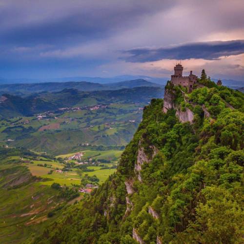 Storm clouds roll in over the Republic of San Marino on the border of Emilia Romagna in Italy